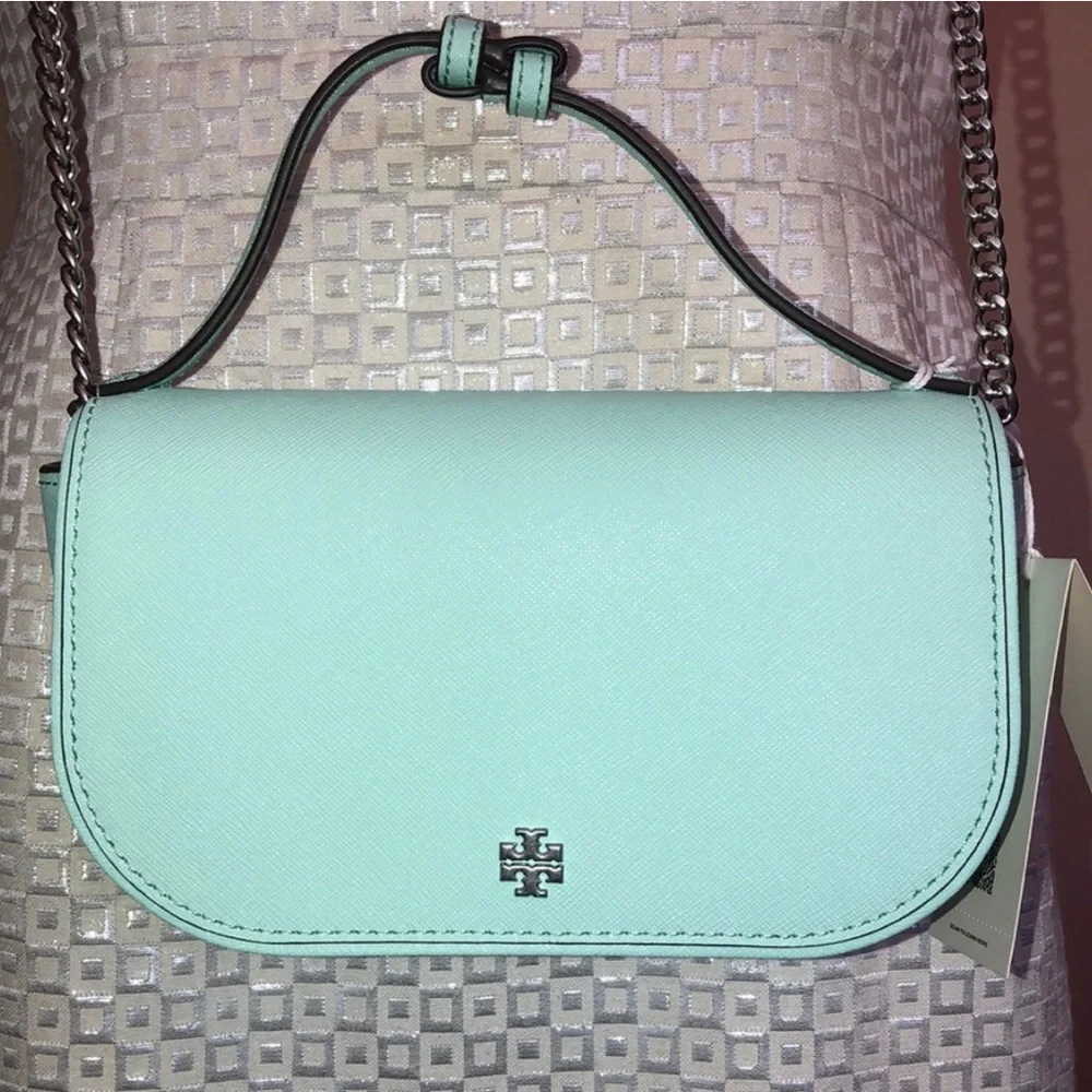 TORY BURCH Emerson Top Handle Crossbody Soft Aqua With Silver Embellishment NWT - Picture 10 of 11